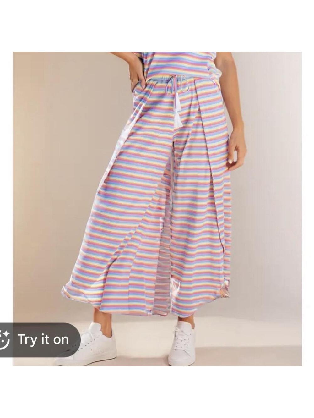 Pastel rainbow striped wide leg flowy cotton pants boho hippie colorful granola